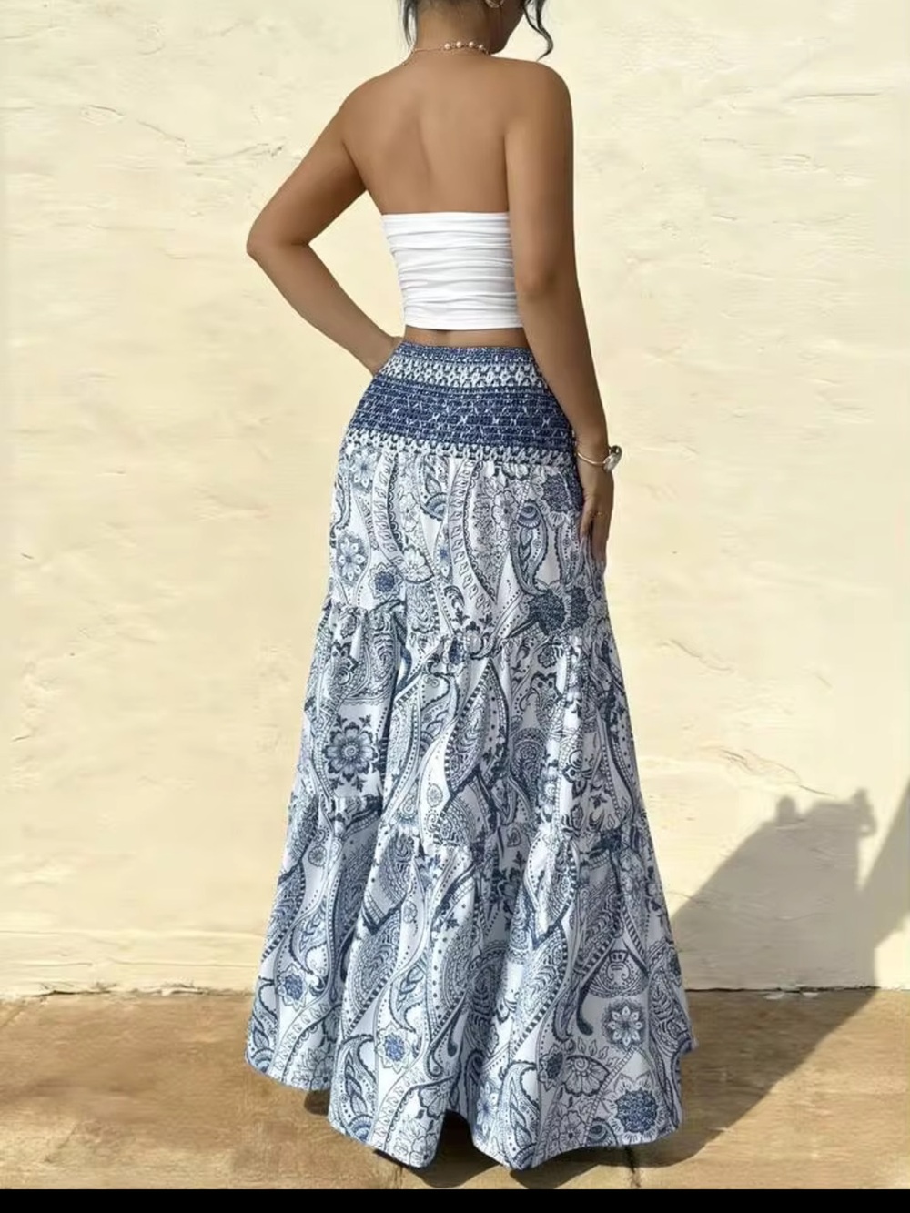 Commense Blue Paisley Smocked Tiered Maxi Skirt S | European Summer Skirt - Picture 4 of 6